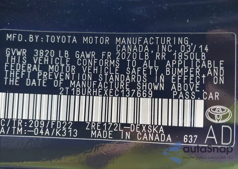 2014 Toyota Corolla S Plus из США, поврежденный, VIN 2T1BURHEXEC137669